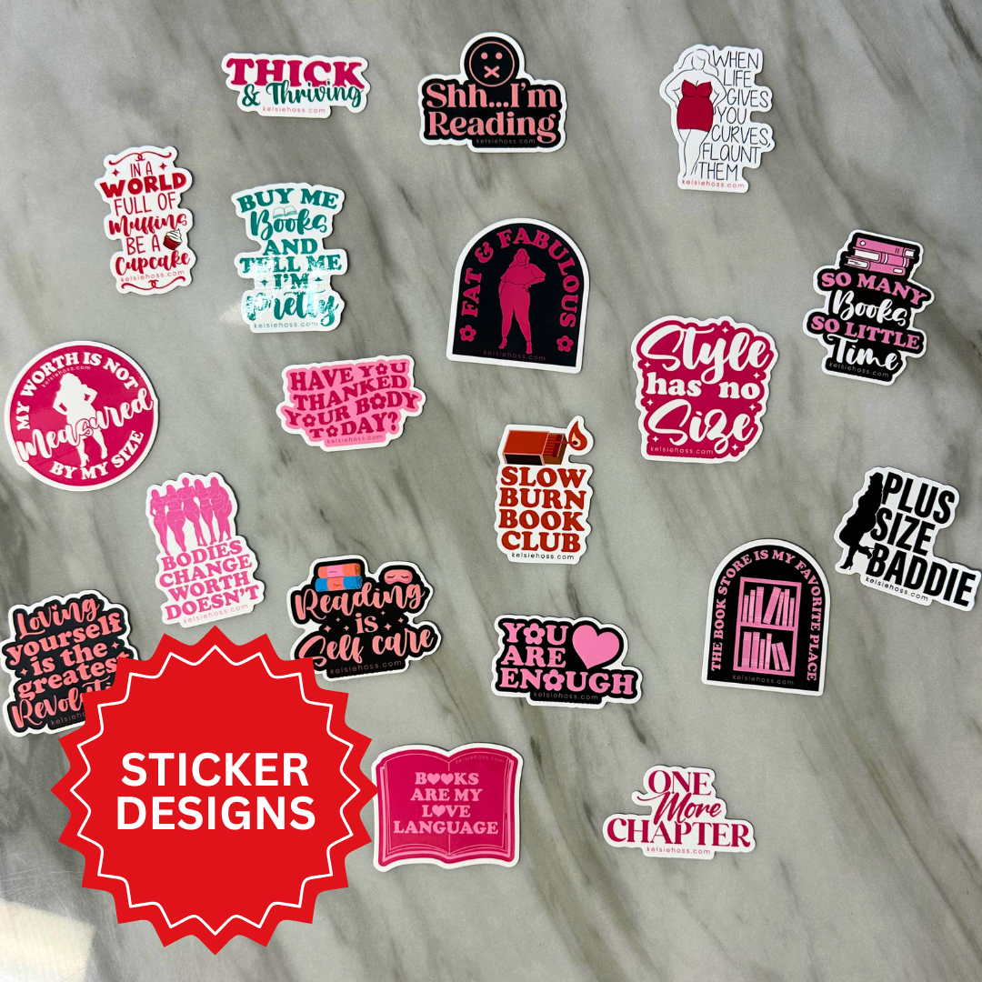 Several different plus size romance stickers are displayed, a red sticker reads Sticker Designs at the bottom left corner
