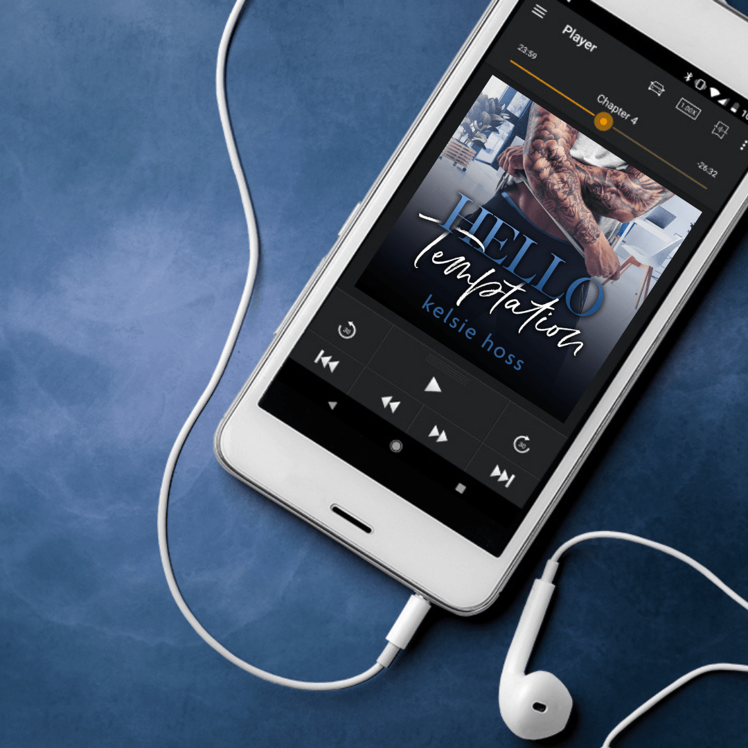 an audiobook player shows an attractive man with tattoos pulling his t-shirt up. The book is titled Hello Temptation by Kelsie Hoss