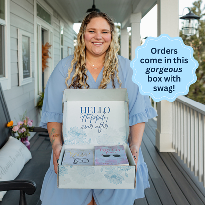 Author Kelsie Hoss holding a decorative book box  with floral designs, and the words Hello Happily Ever After. A blue bubble reads "Orders come in this gorgeous box with swag!" 