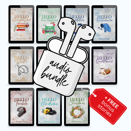 +Free Bonus Stories! Is emblazoned in a red sticker in front of a sticker of a pair of earbuds reading "Audio Bundle" in front of eleven books. their titles in order from left to right being 
Hello Single Dad, Hello Fake Boyfriend, Hello Temptation, Hello Billionaire, Hello Doctor, Hello Heartbreaker, Hello Tease,  Hello Quarterback, Hello Trouble, Hello Handsome, & Hello Christmas. Each contains the author's name, Kelsie Hoss