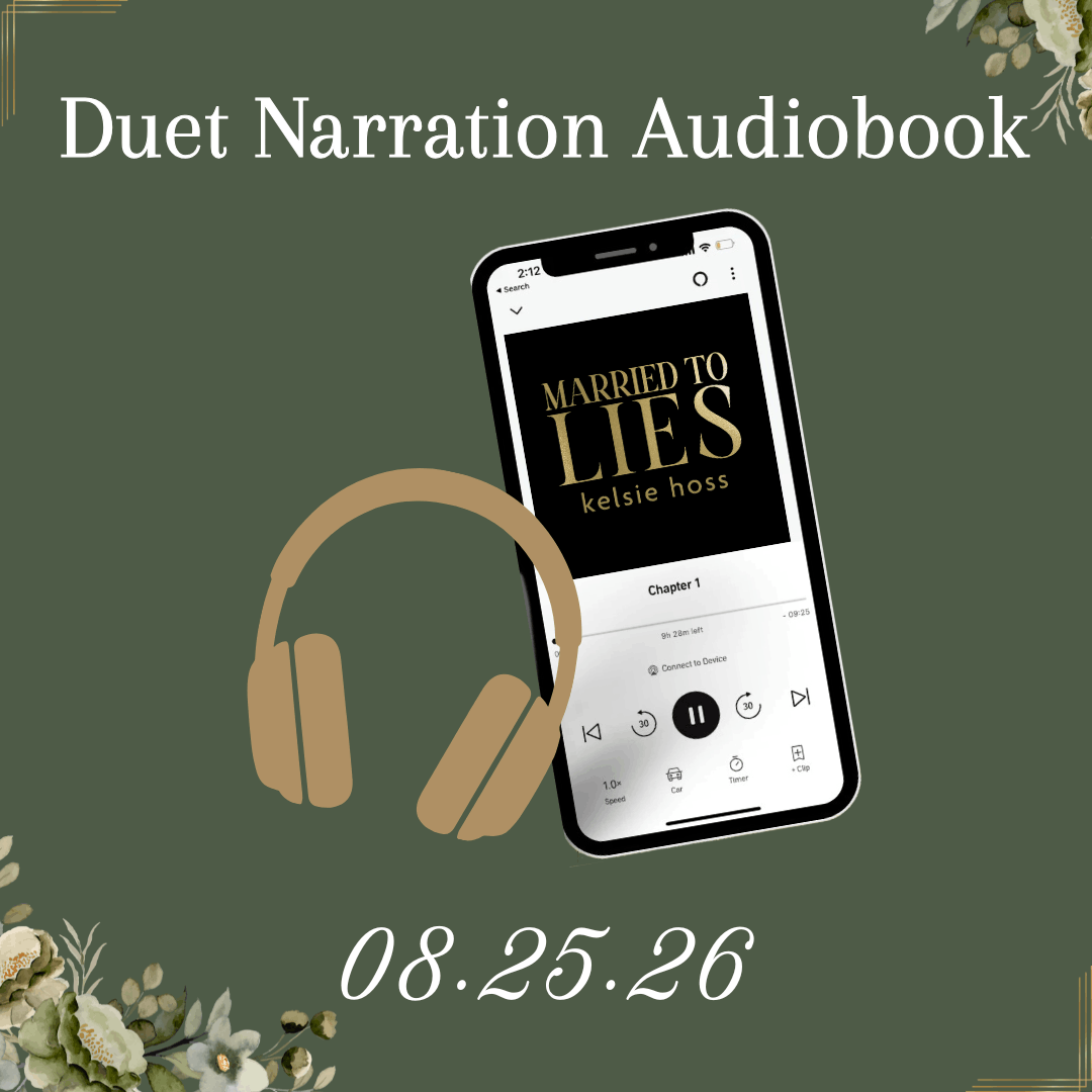 Phone with audiobook app displaying 'Married to Lies' by Kelsie Hoss, headphones, and floral elements on a green background.
