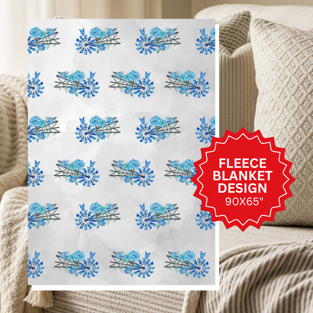 Fleece blanket with blue floral pattern on a beige couch, fleece blanket design, 90x65 inches
