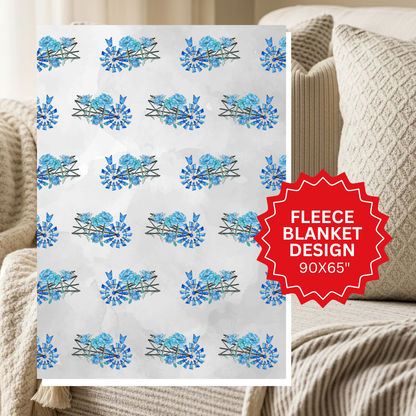 Fleece blanket with blue floral pattern on a beige couch, fleece blanket design, 90x65 inches
