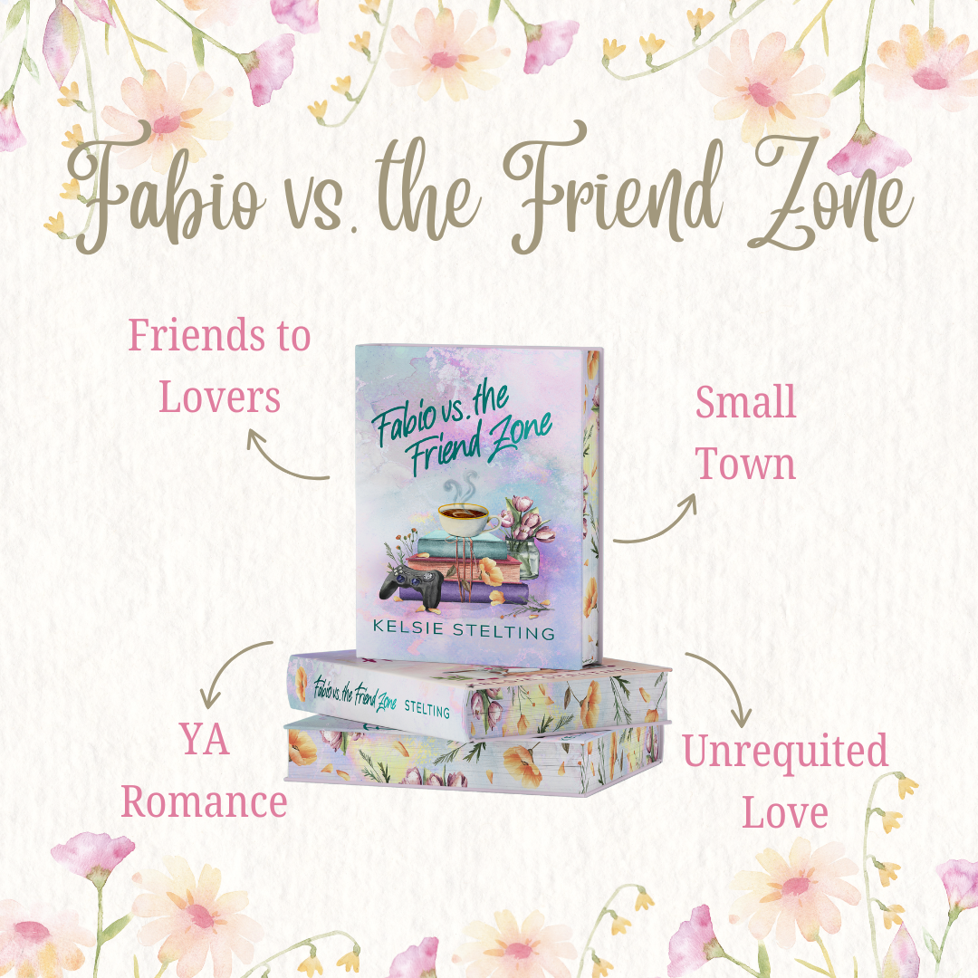 The image is outlined with roses and shows a paperback called Fabio vs. The Friend Zone with facts about the book saying: 
Friends to Lovers
Small Town
Unrequited Love
YA Romance