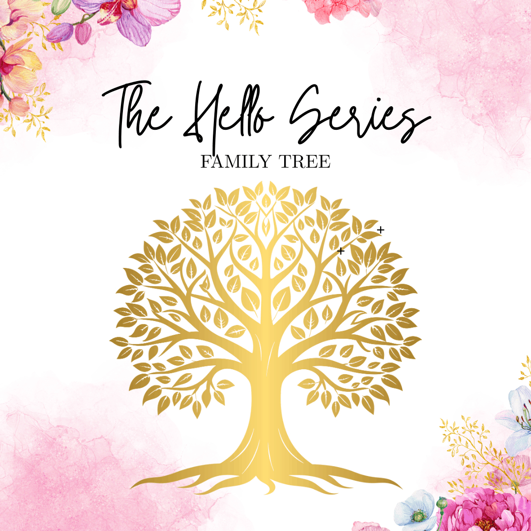 Gold family tree design with 'The Hello Series Family Tree' text on a pink floral background.