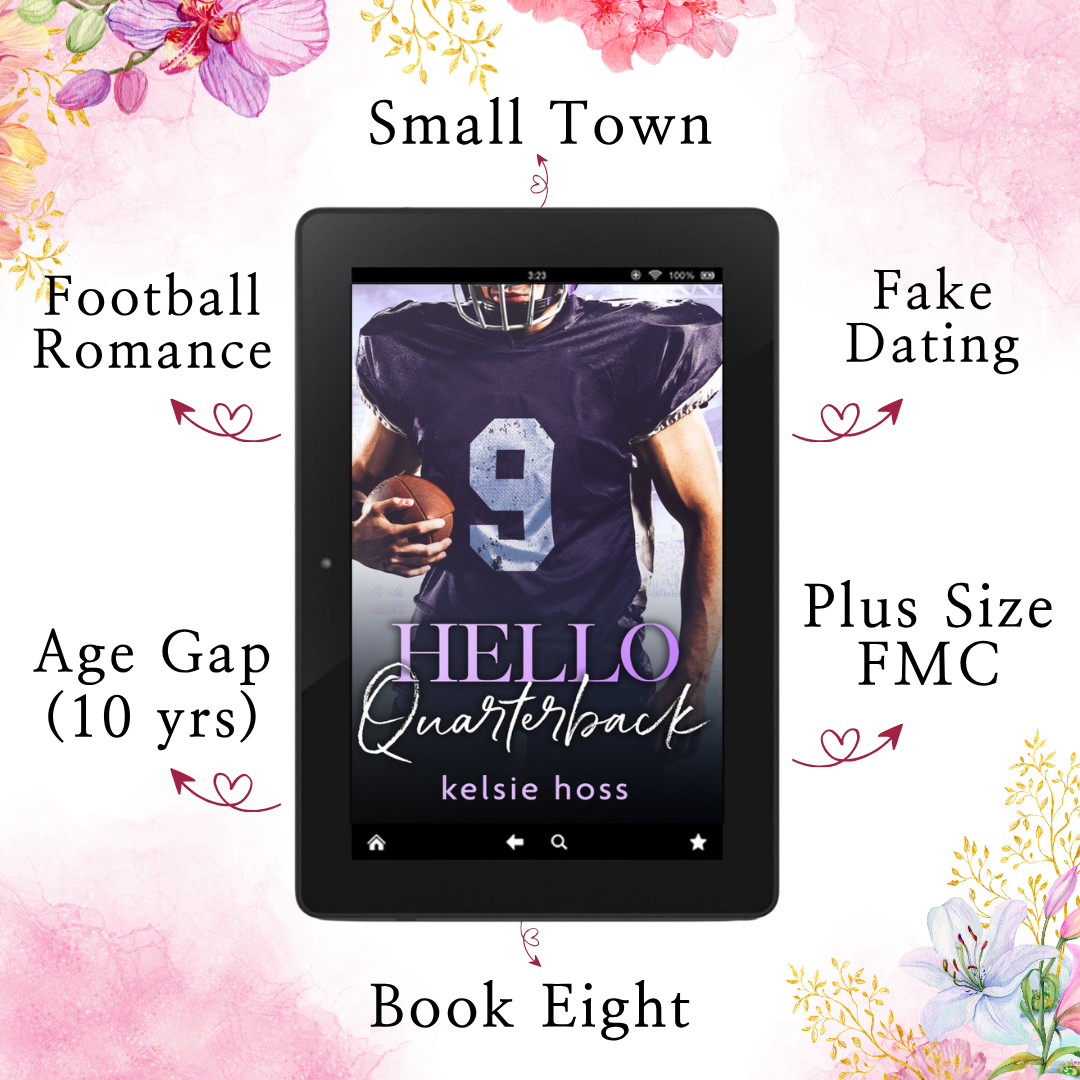 An eook cover of Hello Quarterback by Kelsie Hoss featuring a football player prominently on the cover is surrounded by arrows showing key selling points of the book, that read as follows: 
Small Town 
Football Romance
Fake Dating
Plus Size FMC
Book Eight
Age Gap (10 Years)