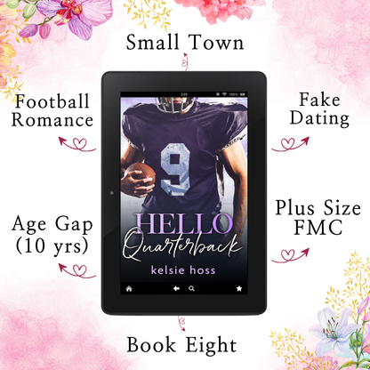 An eook cover of Hello Quarterback by Kelsie Hoss featuring a football player prominently on the cover is surrounded by arrows showing key selling points of the book, that read as follows: 
Small Town 
Football Romance
Fake Dating
Plus Size FMC
Book Eight
Age Gap (10 Years)