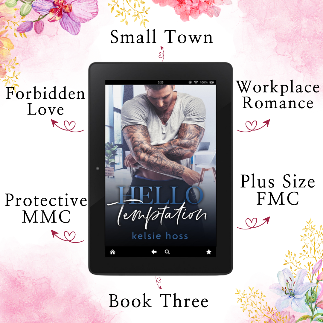 An eBook cover shows a muscular tattooed man lifting his shirt and looking down. The book is Hello Temptation by Kelsie Hoss and is surrounded by arrows showing key selling points, that are as follows: 
Workplace Romance 
Small Town
Forbidden Love
Protective MMC
Plus Size FMC 
Book Three