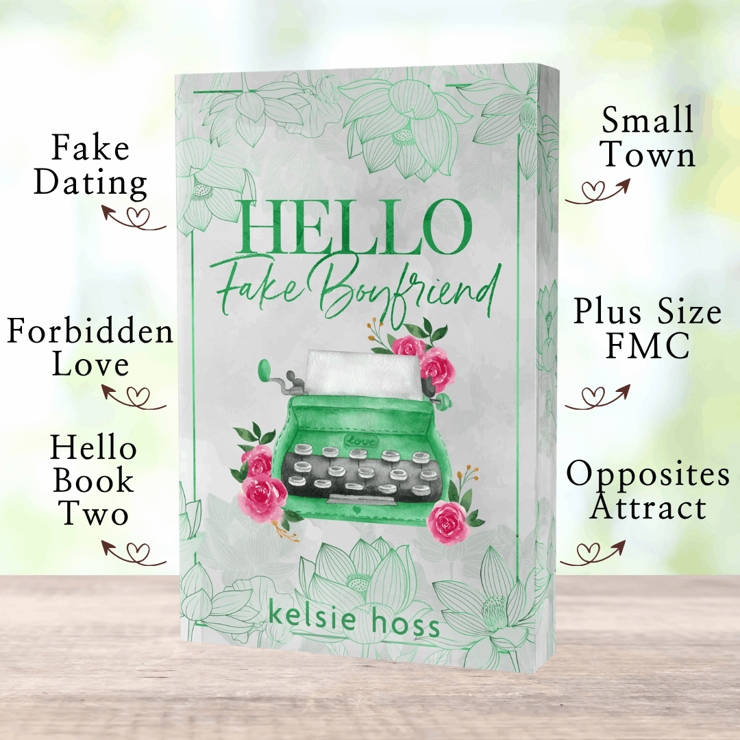 A paperback copy of Hello Fake Boyfriend with book tropes listed, which are: Small Town, Plus Size FMC, Opposites Attract, Fake Dating, Forbidden Love, Hello Book Two