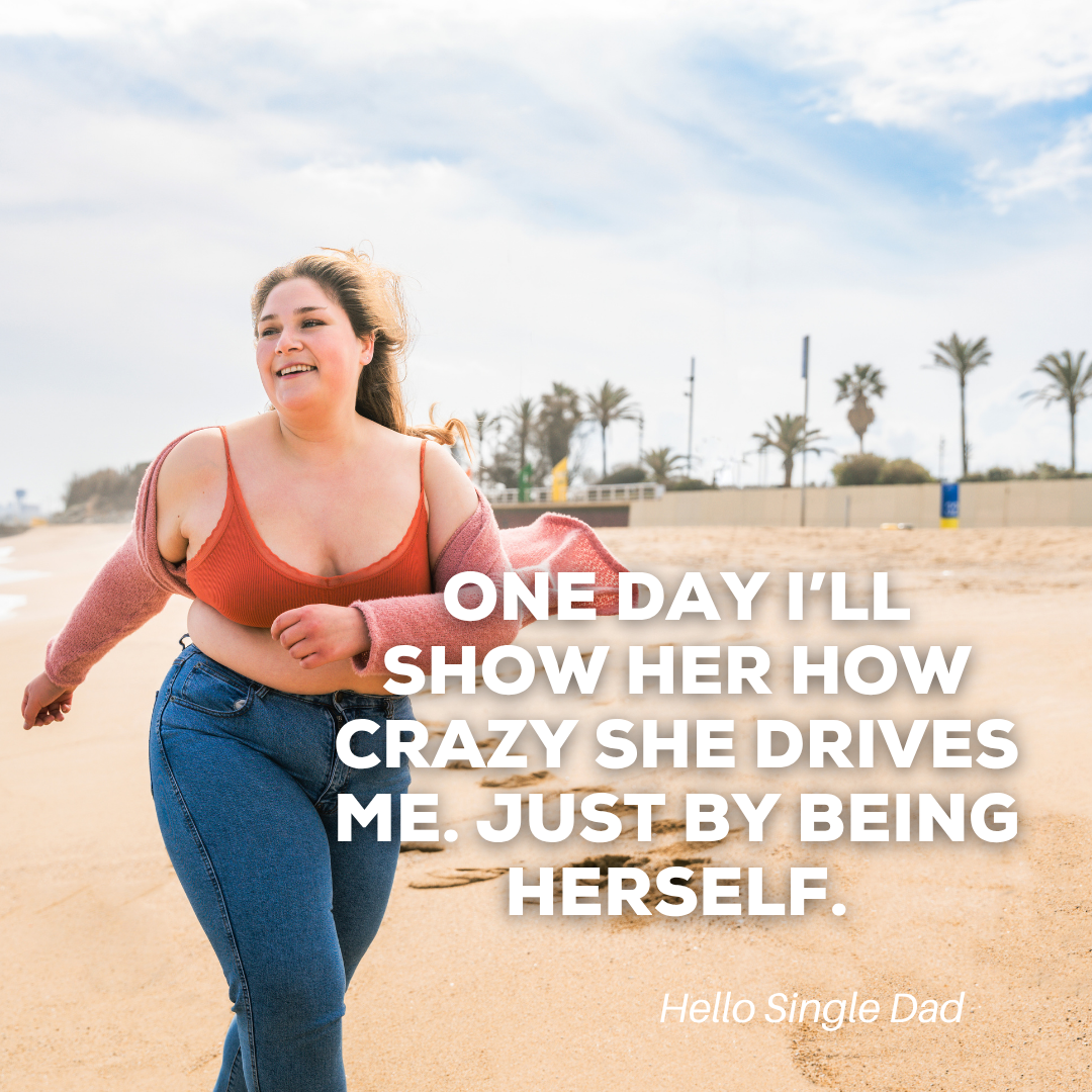 Woman running on a beach with a quote about being herself.