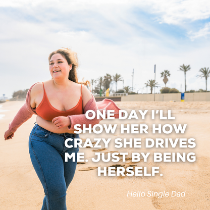 Woman running on a beach with a quote about being herself.