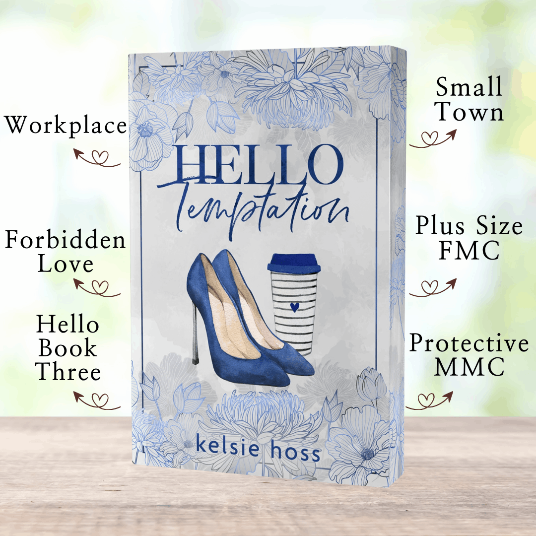 A paperback copy of Hello Temptation with book tropes listed, which are:  Small Town, Plus Size FMC, Protective MMC, Workplace, Forbidden Love, Hello Book Three
