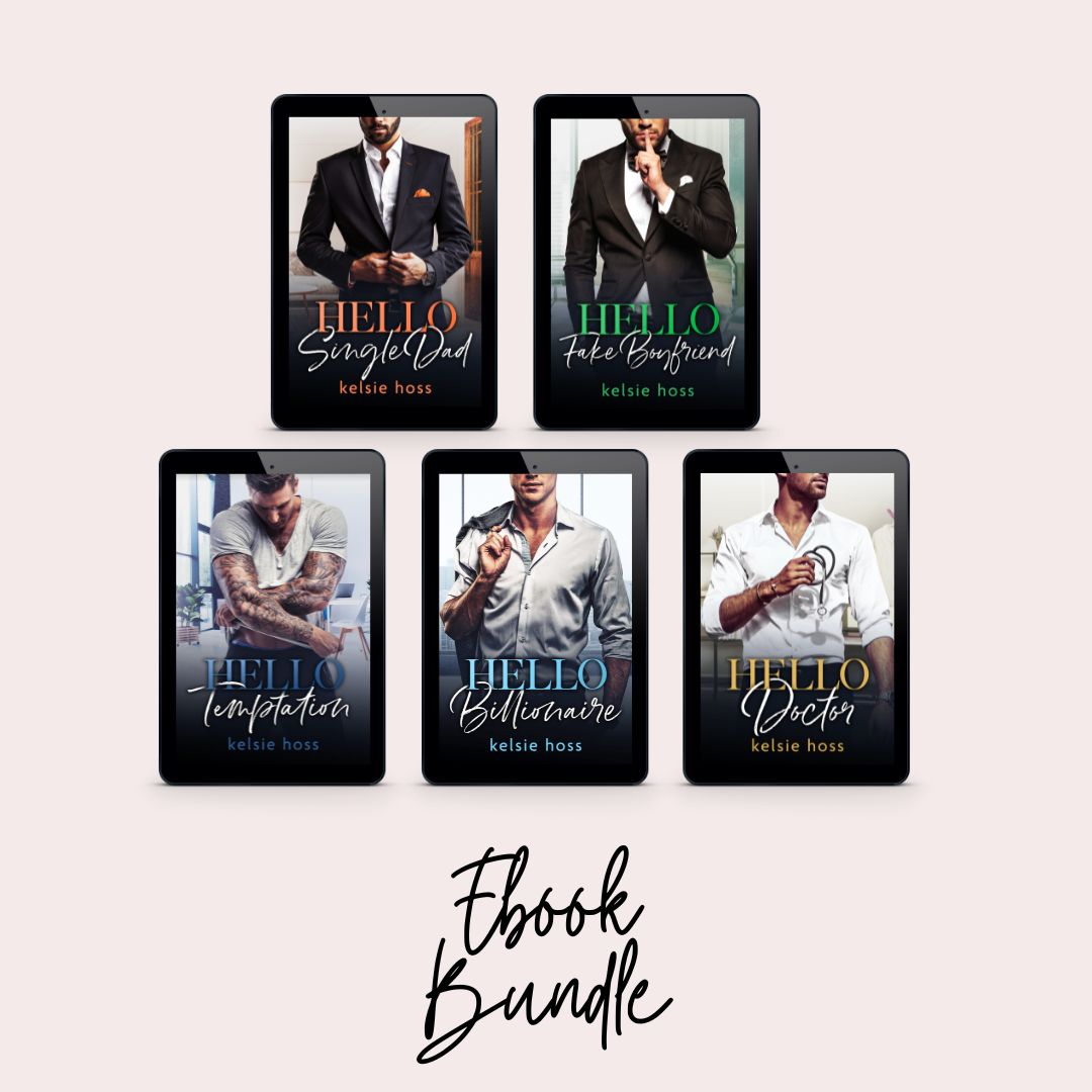 Ebook Bundle is written in cursive under 5 ebooks authored by Kelsie Hoss. The books are Hello Single Dad, Hello Fake Boyfriend, Hello Temptation, Hello Billionaire and Hello Doctor