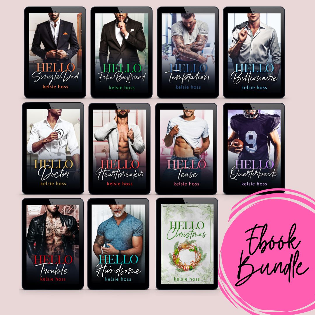 Eleven Ebook Covers are Shown with a red sticker that reads "Ebook Bundle" The books are: Hello Single Dad, Hello Fake Boyfriend, Hello Temptation, Hello Billionaire, Hello Doctor, Hello Heartbreaker, Hello Tease, Hello Quarterback, Hello Trouble, Hello Handsome and Hello Christmas. All Plus size romance ebooks authored by Kelsie Hoss