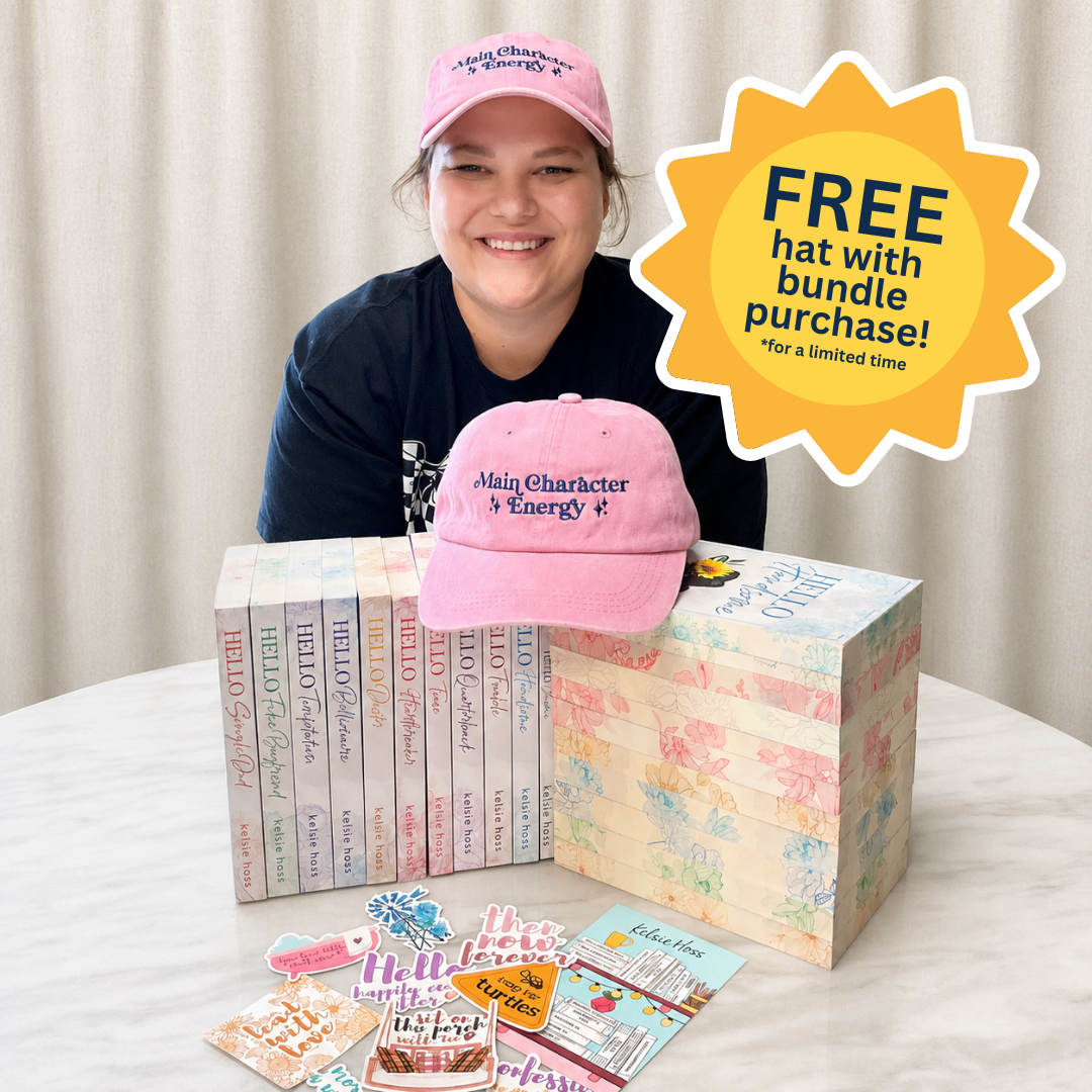 Person with a pink cap and books on a table, with a promotional banner for a free hat offer.