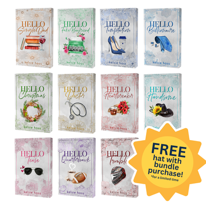 Collection of 'Hello' book series by Kelsie Boss with promotional text for a free hat offer.