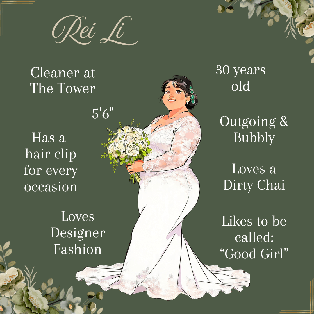 Illustration of a woman in a wedding dress holding flowers. This is Rei Li, who is a cleaner at the tower, 5'6" tall, has a hair clip for every occasion, loves designer fashion, is 30 years old, is outgoing and bubbly, loves a dirty chai, and likes to be called good girl.
