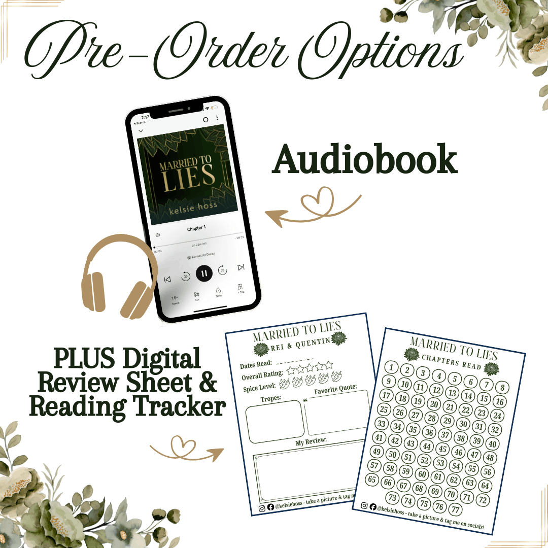Promotional graphic for audiobook pre-order options, showing a smartphone with the audiobook cover, headphones, and two digital review sheets and reading trackers labeled 'Married to Lies' on a white background with decorative greenery.