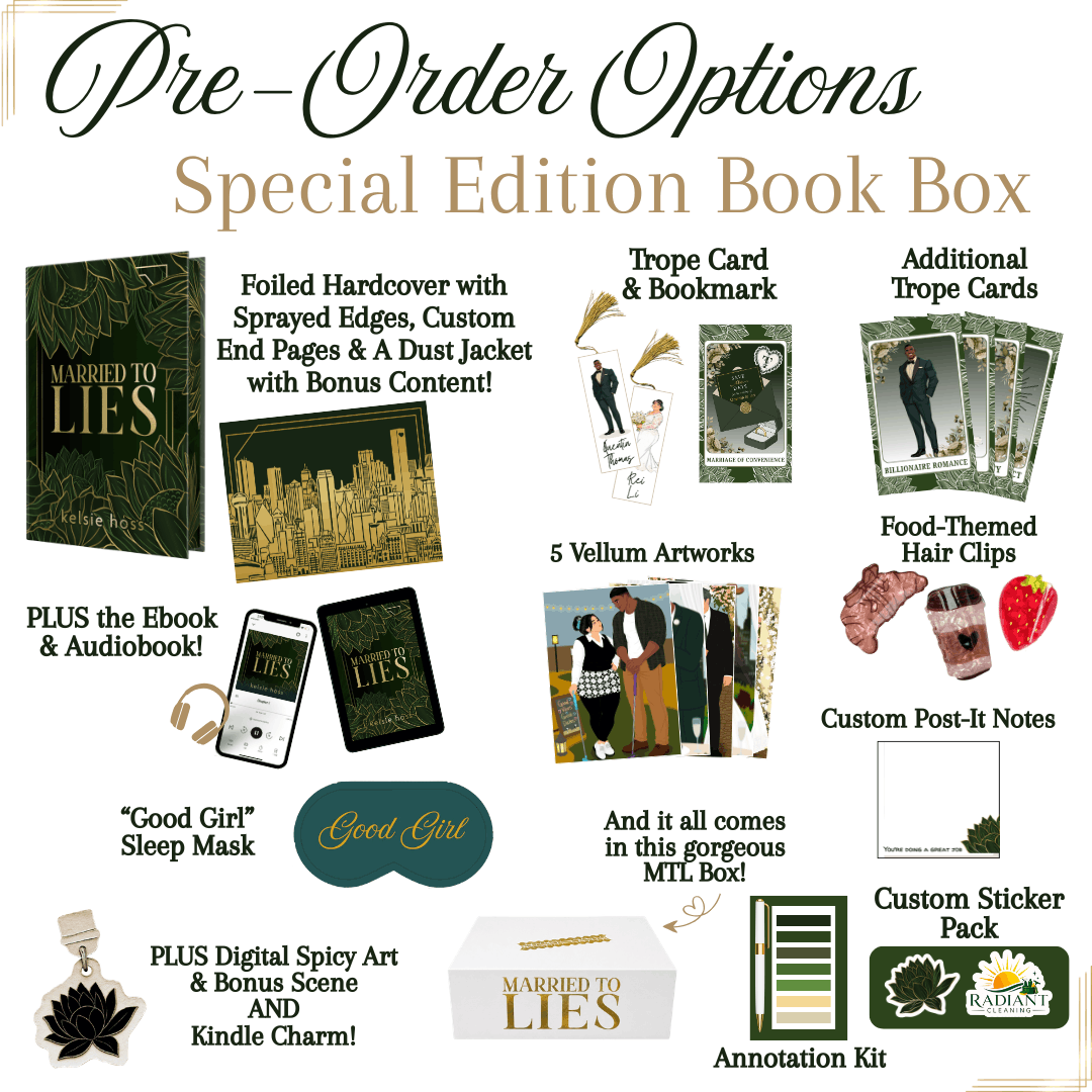 A promotional collage for a pre-order special edition book box titled 'Married to Lies,' showing multiple included items such as a foiled hardcover, trope cards, sleep mask, digital art, sticker pack, and annotation kit on a white background with decorative text.