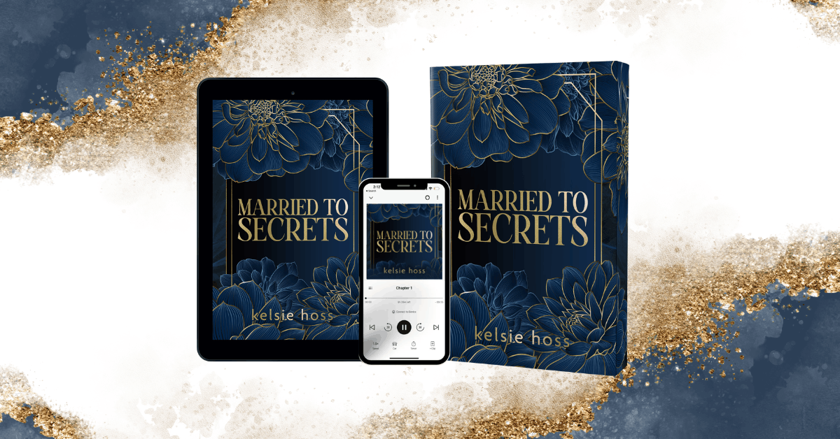 Married to Secrets by Kelsie Hoss in ebook, audio and paperback with sprayed edges over a marbled background