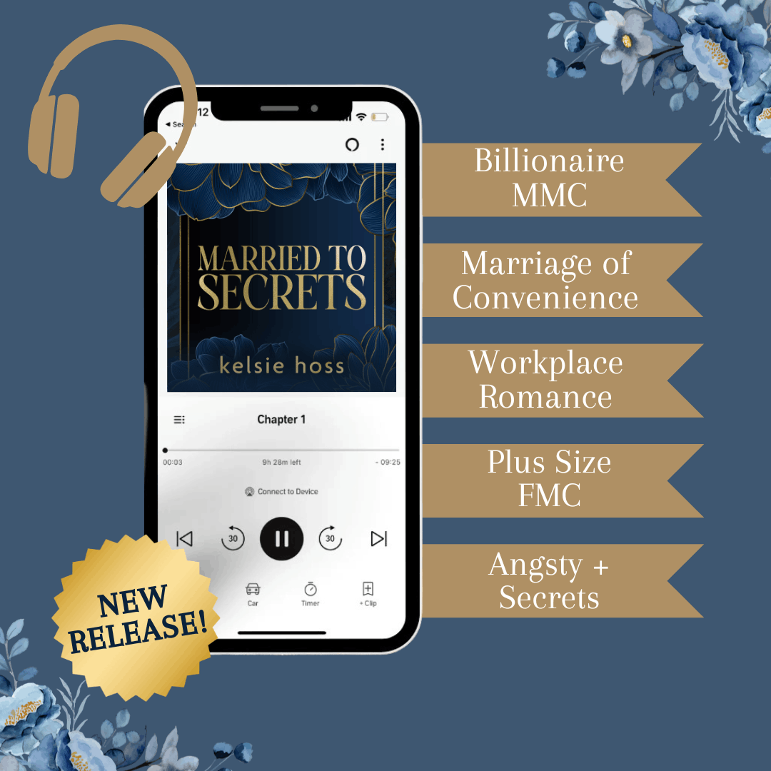 Phone screen displaying 'Married to Secrets' by Kelsie Hoss with audio player interface, headphones, and floral elements on a blue background.