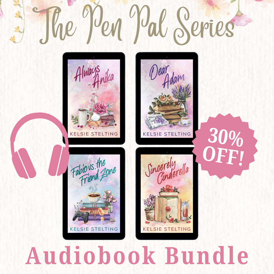 A pink pairo f headphones, a sticker that reads Audiobook Bundle and the words Audiobook Bundle flank four YA Romance Books by Author Kelsie Stelting. The books are Always Anika, Dear Adam, Fabio vs. The Friend Zone, and Sincerely Cinderella  The pink sticker reads 30% Off