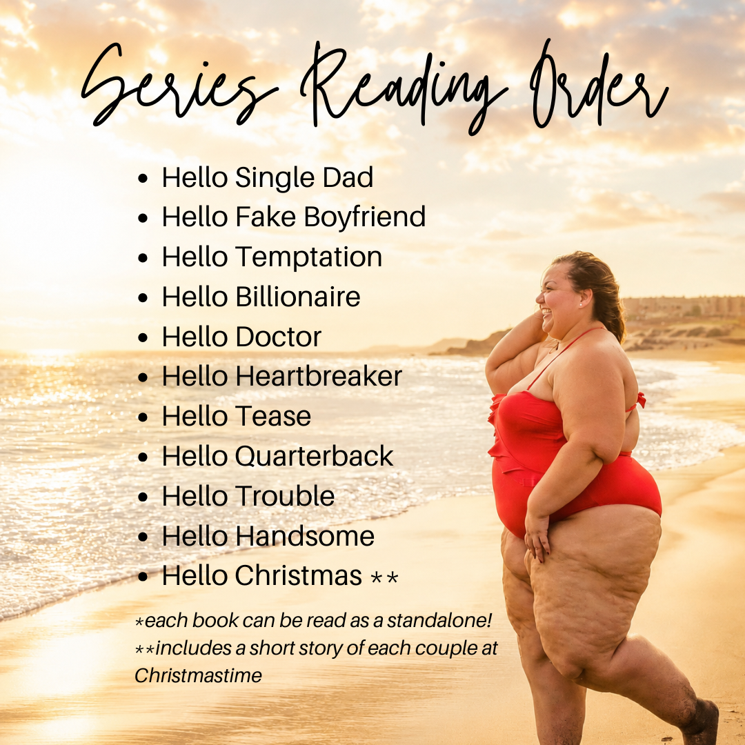 Woman in a red swimsuit on a beach with a list of book titles titled 'Series Reading Order' against a sunset background.