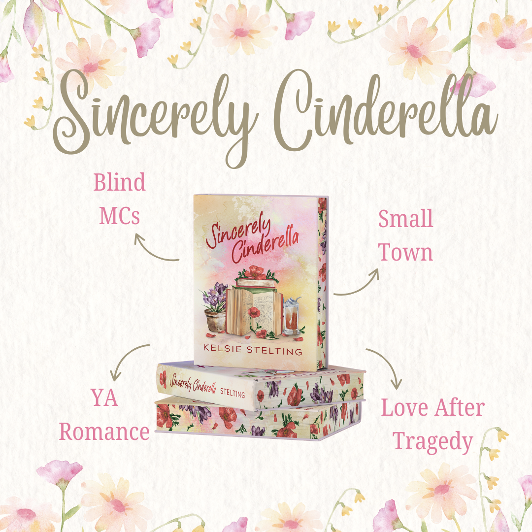 Sincerely Cinderella 
Blind MCs
Small Town
YA Romance
Love After Tragedy 
The image ishows a paperback sitting atop other paperbacks with rose designs