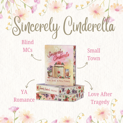 Sincerely Cinderella 
Blind MCs
Small Town
YA Romance
Love After Tragedy 
The image ishows a paperback sitting atop other paperbacks with rose designs