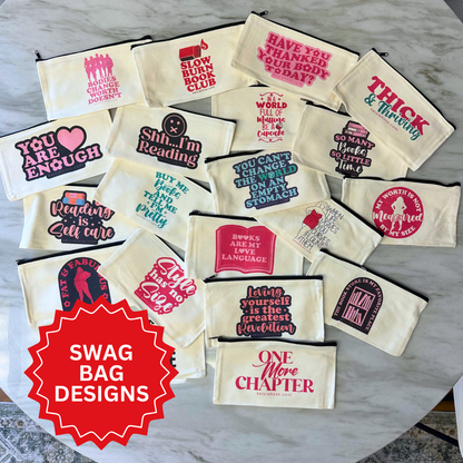 Many different light bags are shown with many different designs relating to plus size romance. A red sticker labels "Swag Bag Designs" is in the bottom left corner
