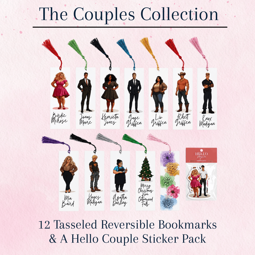 Promotional graphic for 'The Couples Collection' showing multiple reversible bookmarks with tassel handles and illustrated couple characters, plus a sticker pack, on a pale pink background with text describing the set.