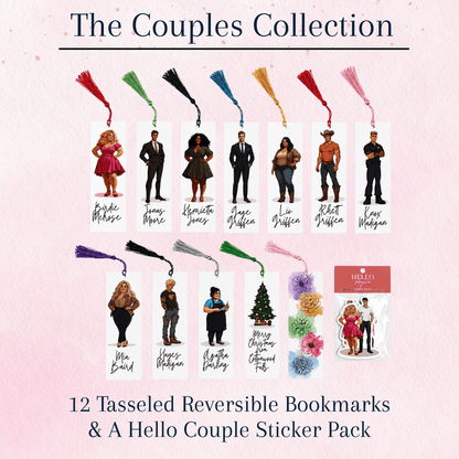 Promotional graphic for 'The Couples Collection' showing multiple reversible bookmarks with tassel handles and illustrated couple characters, plus a sticker pack, on a pale pink background with text describing the set.