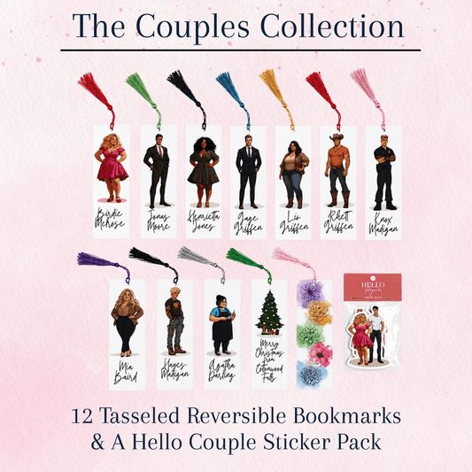 Promotional graphic for 'The Couples Collection' showing multiple reversible bookmarks with tassel handles and illustrated couple characters, plus a sticker pack, on a pale pink background with text describing the set.