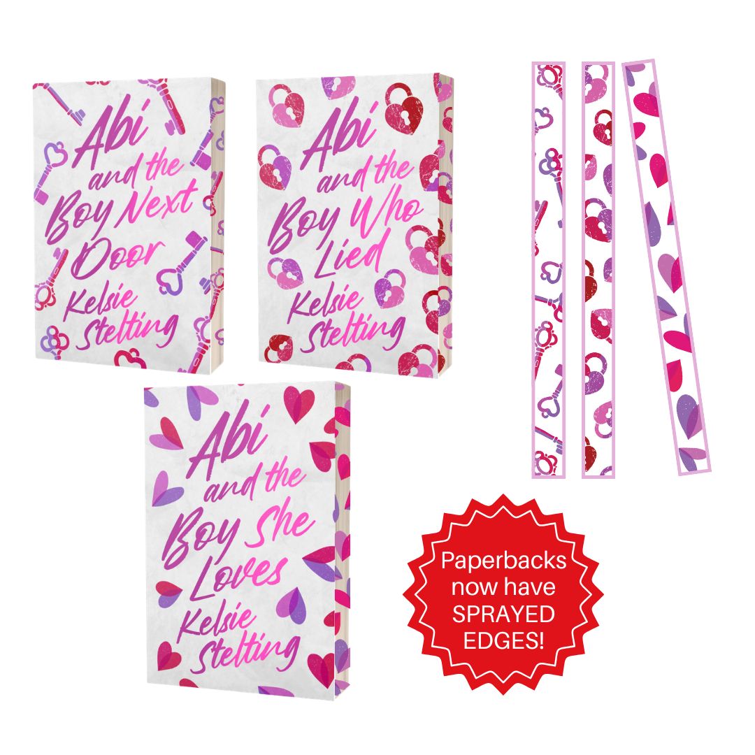 A promotional image showcasing the physical paperback editions of the series.

Layout: The three book covers are displayed as physical paperbacks. To the right, there are three vertical strips showing the decorative patterns used for the book edges.

Key Feature: A red jagged seal in the bottom right corner contains the text: "Paperbacks now have SPRAYED EDGES!"

Design Details: The patterns on the edges match the motifs of the covers: keys for the first book, heart-shaped padlocks for the second, and float