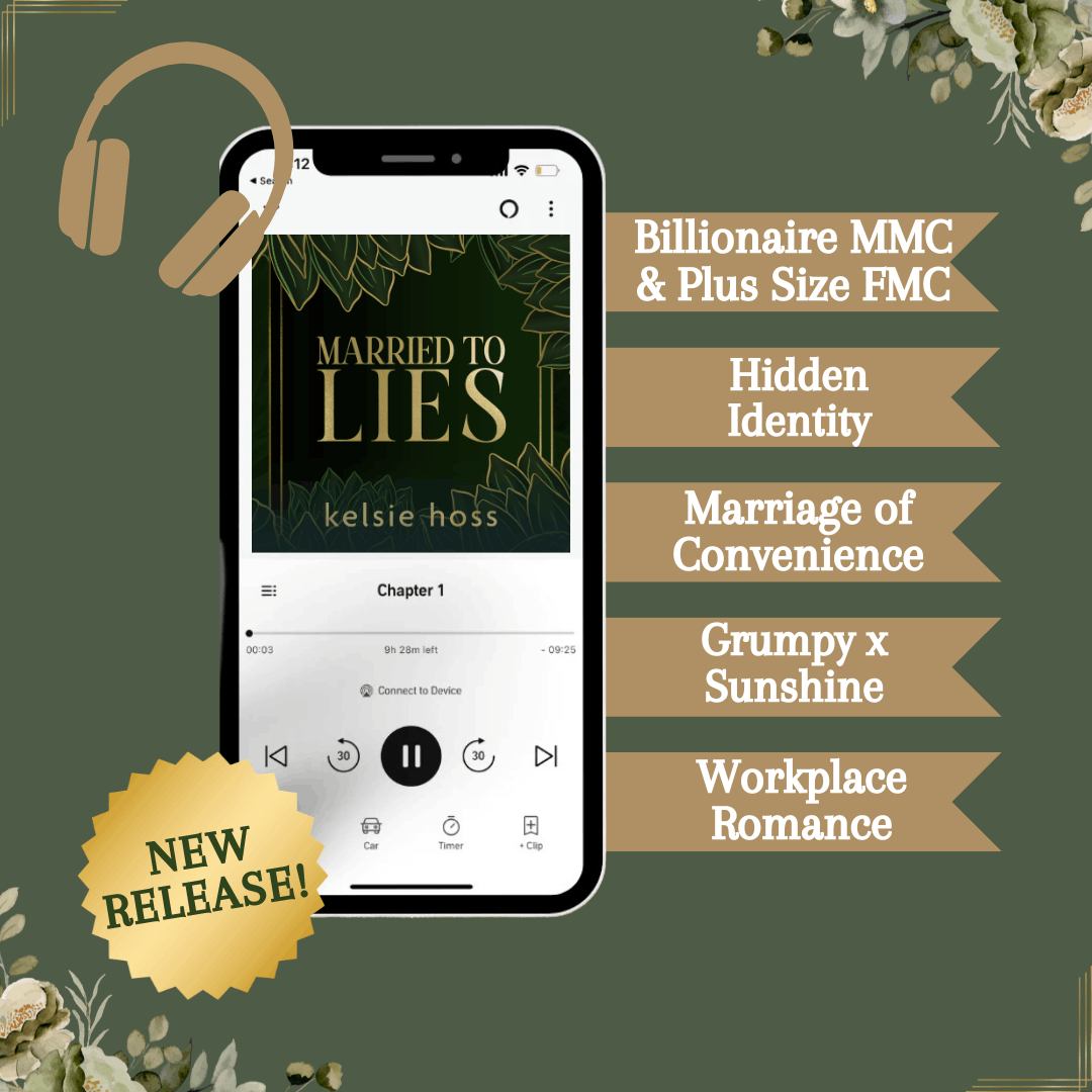 A copy of Married to Lies by Kelsie Hoss on audiobook, with tropes listed which are: Billionaire Male Main Character & Plus Size Female Main Character, Hidden Identity, Marriage of Convenience, Grumpy x Sunshine, Workplace Romance