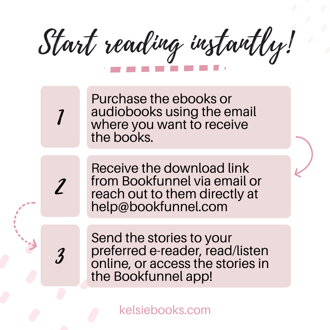 The image shows how to retrieve your audiobook or ebook. Start Reading Instantly! 
Step 1: Purchase the ebook or audiobook using the email where you want to receive the books. 
Step 2. Receive the download link from bookfunnel via email or reach out t them directly at help@bookfunnel.com 
Step 3. Send the stories to your preferred e-reader, read/listen to them online or access the stories in the bookfunnel app! 