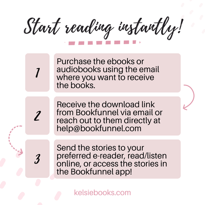 The image shows how to retrieve your audiobook or ebook. Start Reading Instantly! 
Step 1: Purchase the ebook or audiobook using the email where you want to receive the books. 
Step 2. Receive the download link from bookfunnel via email or reach out t them directly at help@bookfunnel.com 
Step 3. Send the stories to your preferred e-reader, read/listen to them online or access the stories in the bookfunnel app! 