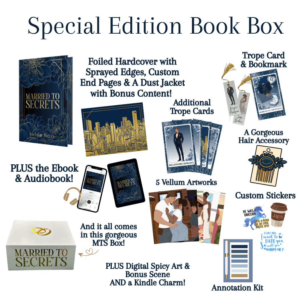 A comprehensive layout of the "Special Edition Book Box" contents. Items include a foiled hardcover with a dust jacket, the ebook and audiobook, 5 vellum artworks, a hair accessory, an annotation kit, custom stickers, trope cards, a bookmark, and a Kindle charm, all housed in a white box branded with the book title and gold wedding rings.