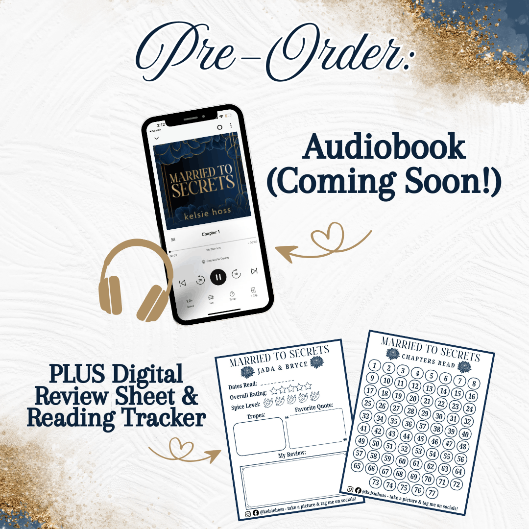 A promotional image for the audiobook version of Married to Secrets, labeled "Coming Soon!" It features a smartphone displaying the book cover in an audio player app and a pair of gold headphones. Below are two digital "Reading Tracker" sheets: one for tracking "Spice Level" and tropes, and another numbered 1–77 to track chapters read.