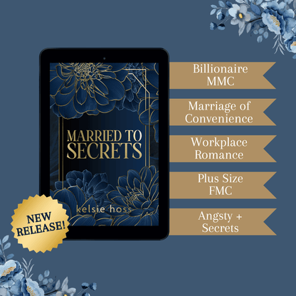 An image of a digital tablet displaying the book cover. Five gold ribbon-style tags on the right list the story's key tropes: Billionaire MMC (Male Main Character), Marriage of Convenience, Workplace Romance, Plus Size FMC (Female Main Character), and Angsty + Secrets.