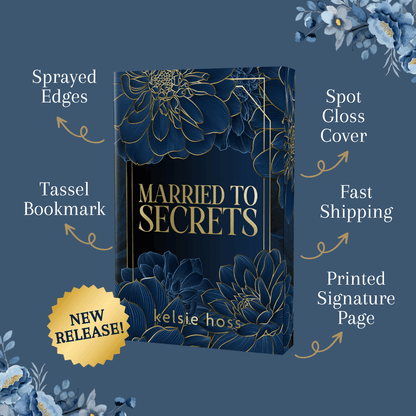 A close-up of the navy blue paperback with gold floral patterns. Text callouts highlight the book's premium features: sprayed edges, a tassel bookmark, a spot gloss cover, fast shipping, and a printed signature page. A gold "New Release!" seal is in the bottom left.