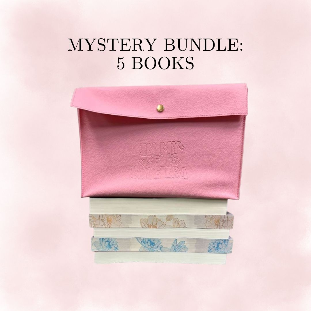 Mystery Bundle 5 Books
The image shows a pink bag sitting atop 5 paperback books with sprayed floral design edges 