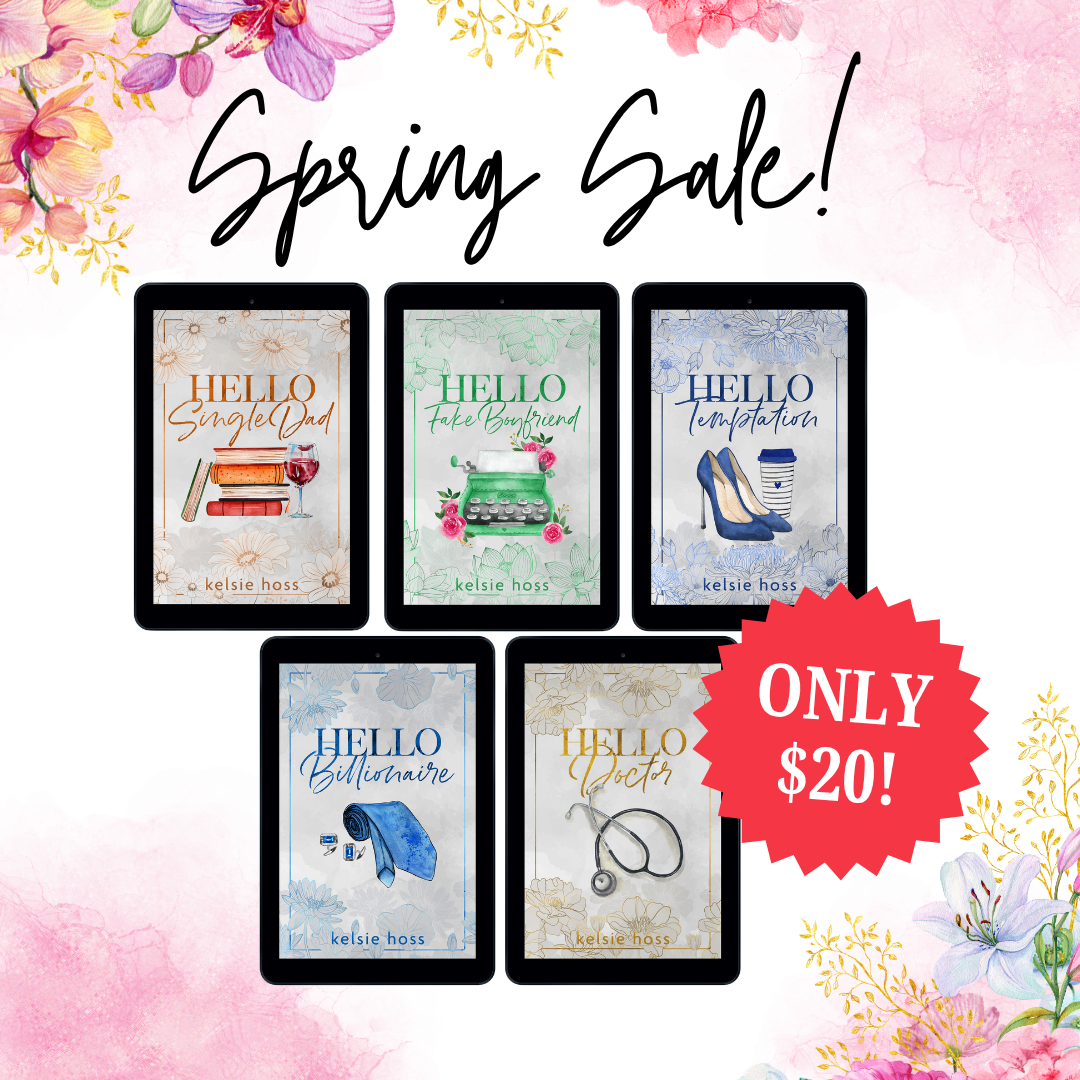 A floral design reads Spring Sale above 5 eBook covers. A red sticker reads Only Twenty Dollars! 
The books are as follows: 
Hello Single Dad, Hello Fake Boyfriend, Hello Temptation, Hello Billionaire, & Hello Doctor
